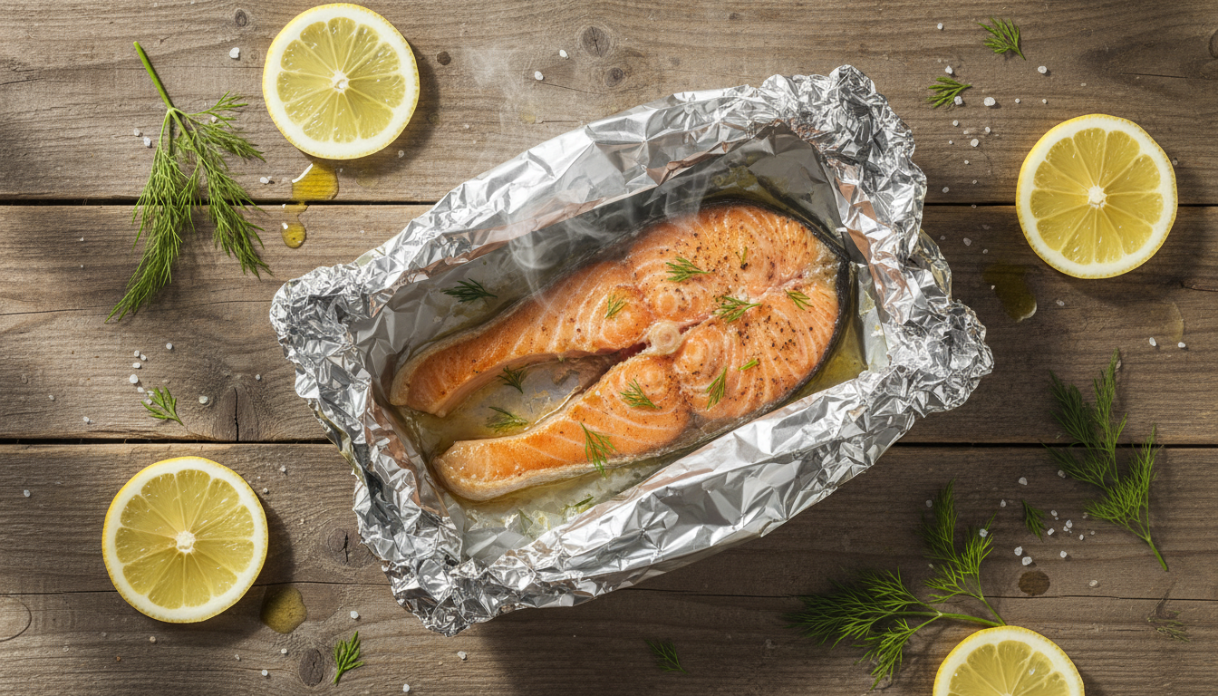 Запеченный лосось в фольге с лимоном и укропом на деревянном столе